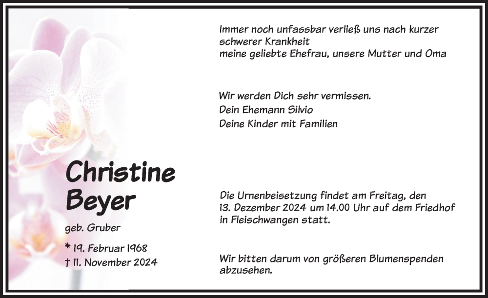  Traueranzeige für Christine Beyer vom 30.11.2024 aus Ravensburg