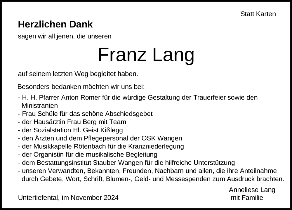  Traueranzeige für Franz Lang vom 30.11.2024 aus Ravensburg