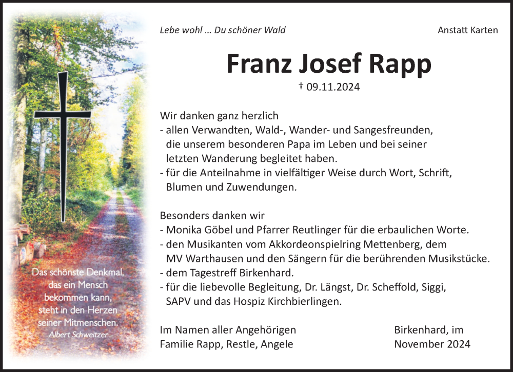  Traueranzeige für Franz Josef Rapp vom 30.11.2024 aus Biberach