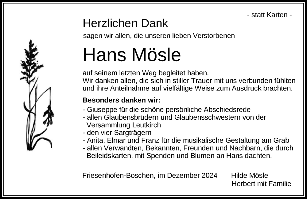  Traueranzeige für Hans Mösle vom 14.12.2024 aus Leutkirch