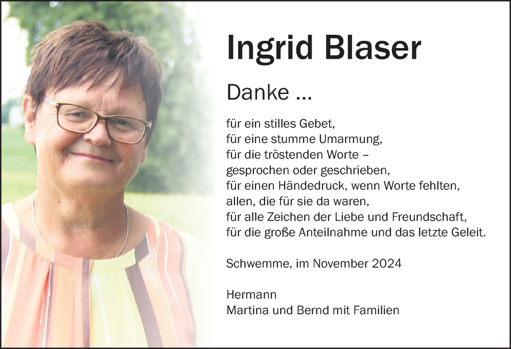  Traueranzeige für Ingrid Blaser vom 30.11.2024 aus Bad Saulgau