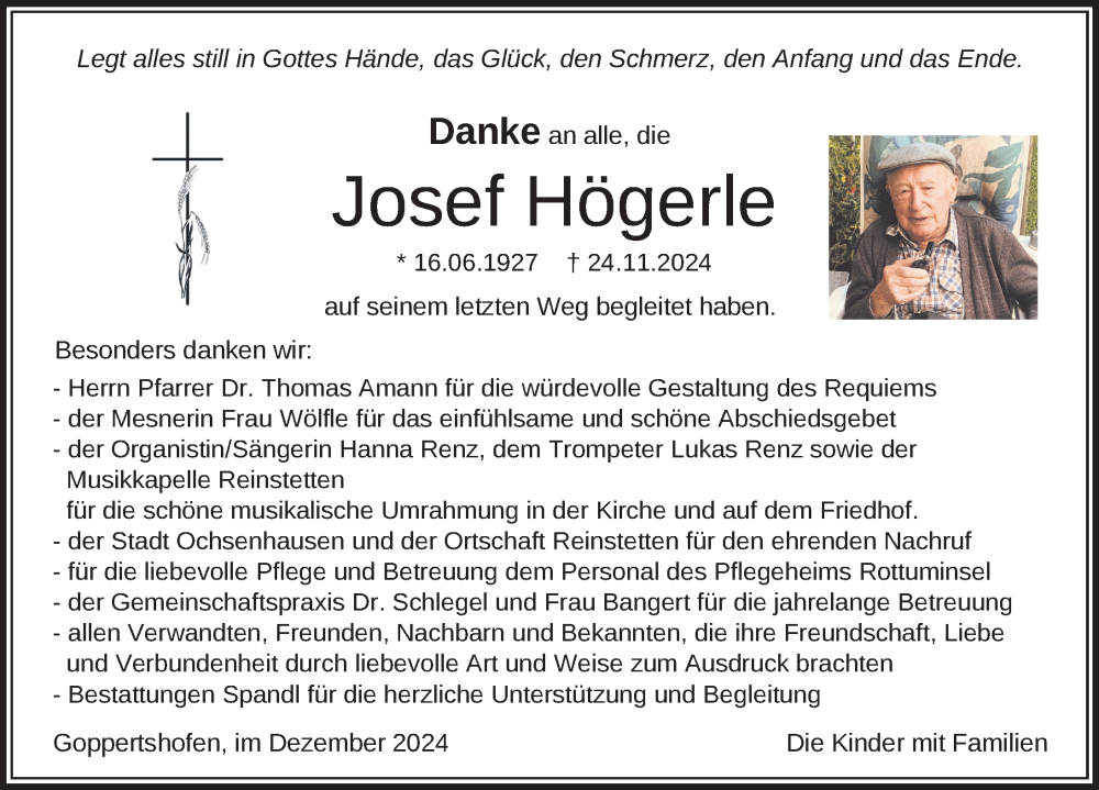  Traueranzeige für Josef Högerle vom 14.12.2024 aus Biberach