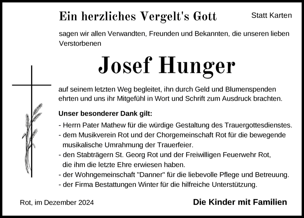  Traueranzeige für Josef Hunger vom 07.12.2024 aus Laupheim