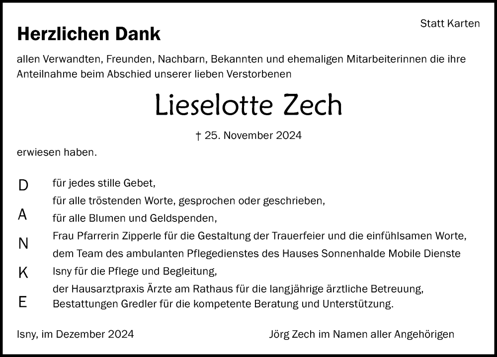  Traueranzeige für Lieselotte Zech vom 21.12.2024 aus Leutkirch