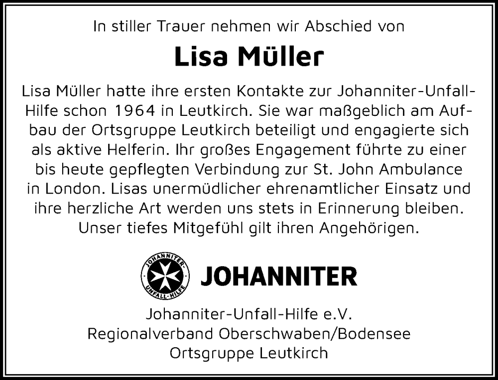  Traueranzeige für Lisa Müller vom 14.12.2024 aus Leutkirch