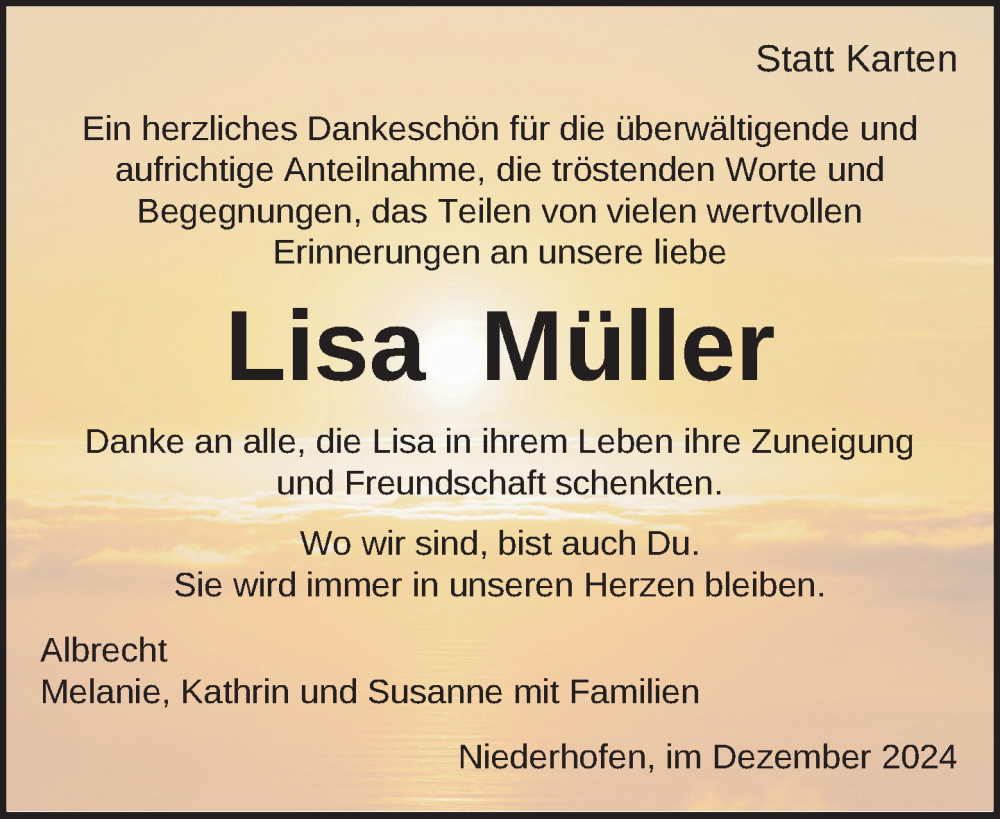  Traueranzeige für Lisa Müller vom 14.12.2024 aus Leutkirch