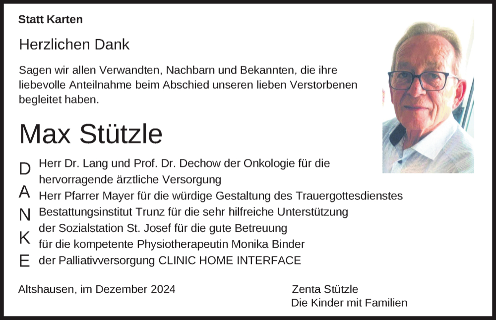  Traueranzeige für Max Stützle vom 07.12.2024 aus Ravensburg