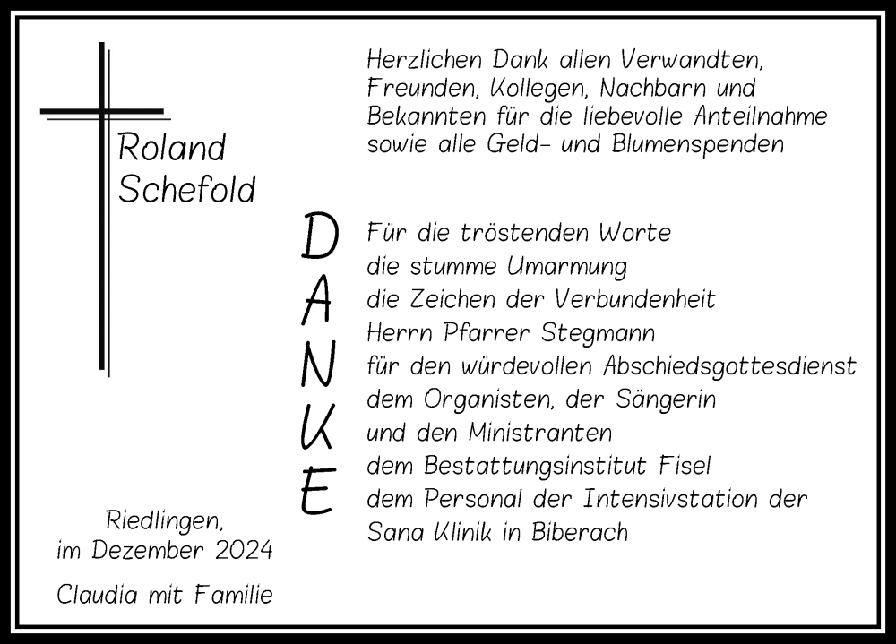  Traueranzeige für Roland Schefold vom 14.12.2024 aus Riedlingen