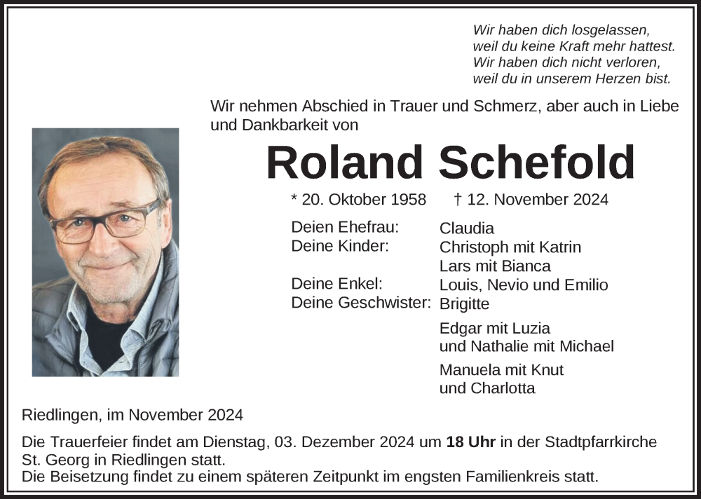  Traueranzeige für Roland Schefold vom 30.11.2024 aus Riedlingen