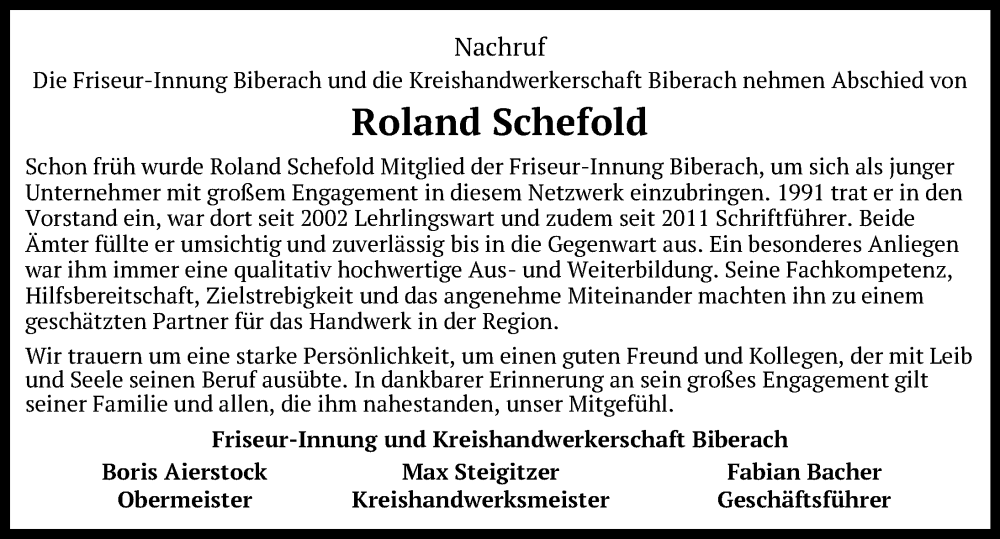  Traueranzeige für Roland Schefold vom 03.12.2024 aus Biberach