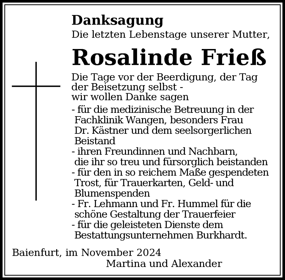  Traueranzeige für Rosalinde Frieß vom 30.11.2024 aus Ravensburg