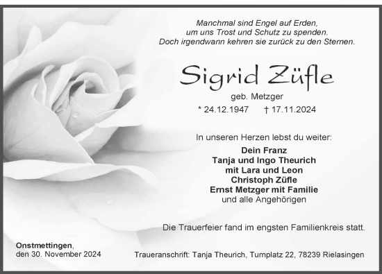 Anzeige von Sigrid Züfle von Balingen