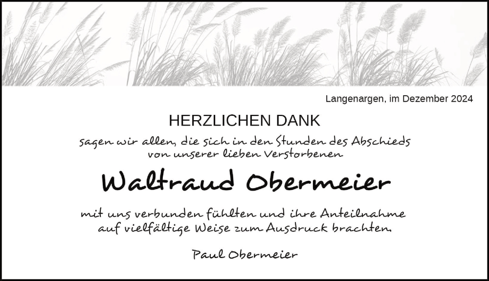  Traueranzeige für Waltraud Obermeier vom 20.12.2024 aus Schwäbische Zeitung