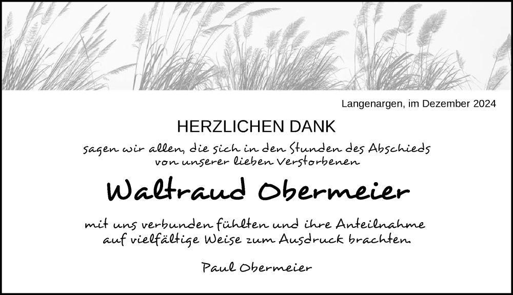  Traueranzeige für Waltraud Obermeier vom 20.12.2024 aus Tettnang