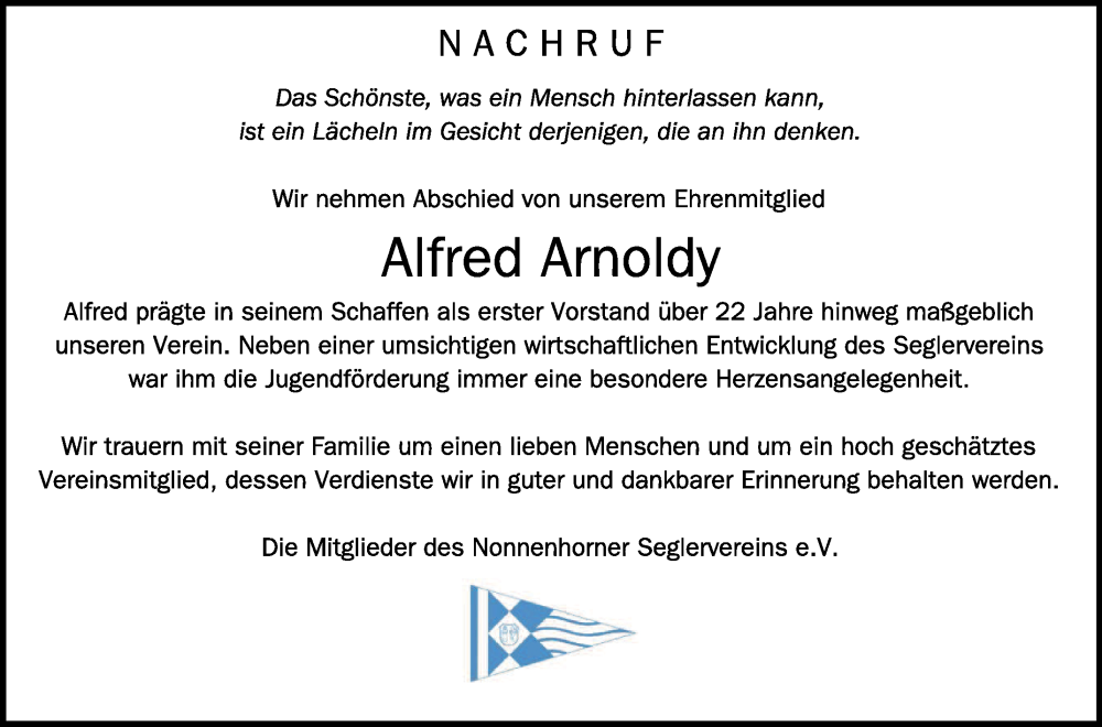  Traueranzeige für Alfred Arnoldy vom 06.02.2024 aus Schwäbische Zeitung