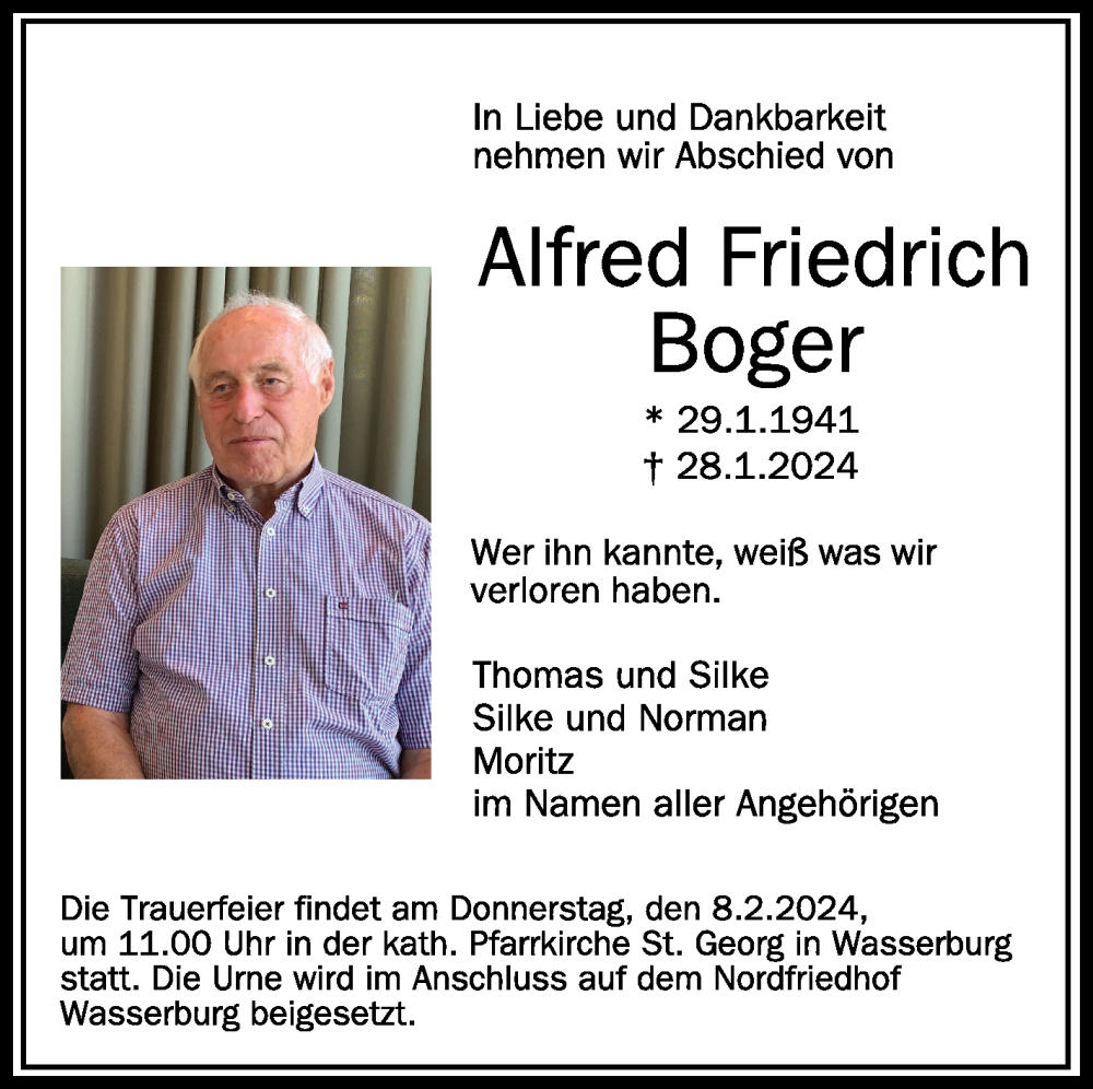  Traueranzeige für Alfred Friedrich Boger vom 03.02.2024 aus Schwäbische Zeitung