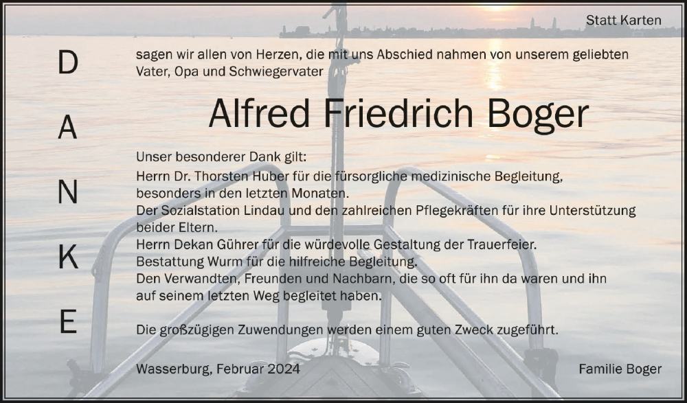  Traueranzeige für Alfred Friedrich Boger vom 17.02.2024 aus Schwäbische Zeitung