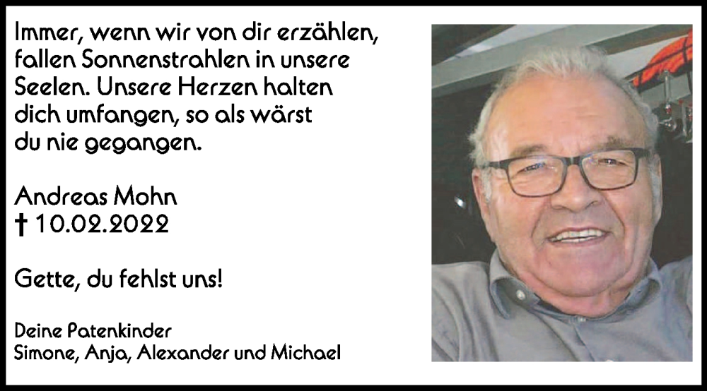  Traueranzeige für Andreas Mohn vom 10.02.2024 aus Schwäbische Zeitung