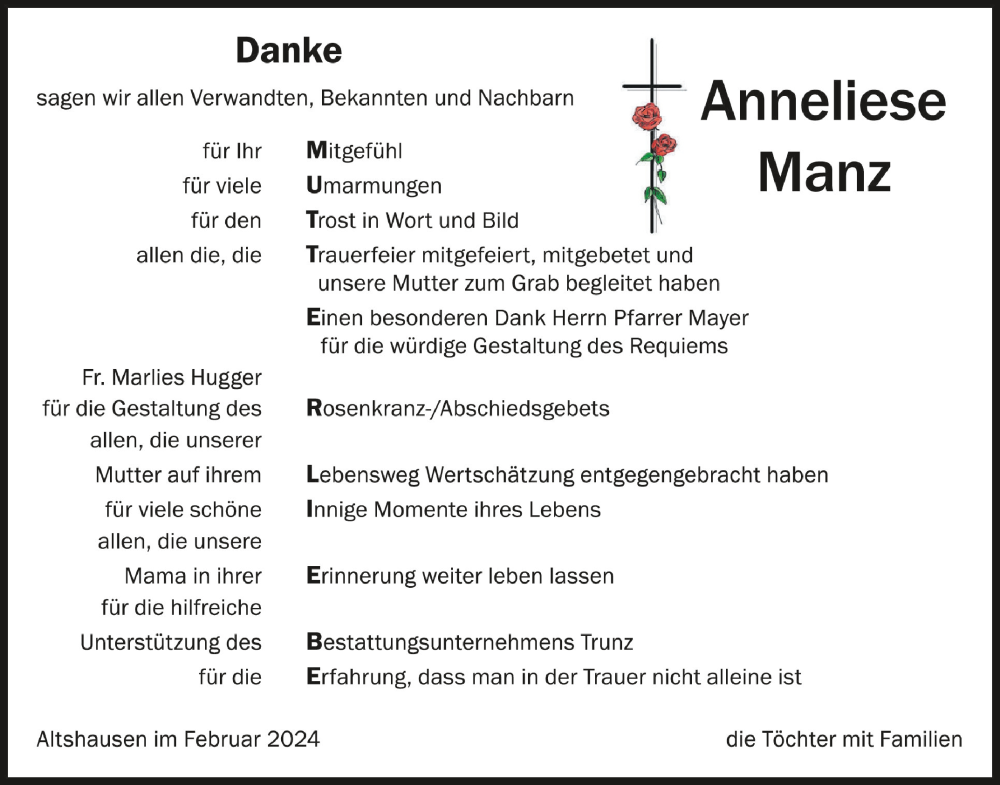  Traueranzeige für Anneliese Manz vom 03.02.2024 aus Schwäbische Zeitung