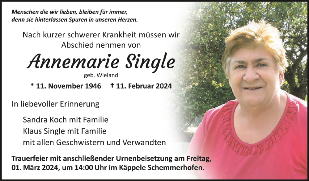  Traueranzeige für Annemarie Single vom 24.02.2024 aus Schwäbische Zeitung