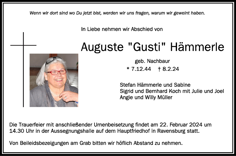  Traueranzeige für Auguste Hämmerle vom 17.02.2024 aus Schwäbische Zeitung