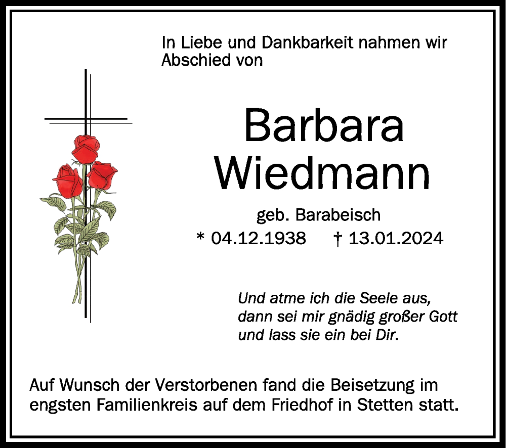 Traueranzeigen von Barbara Wiedmann | schwaebische.de Trauerportal