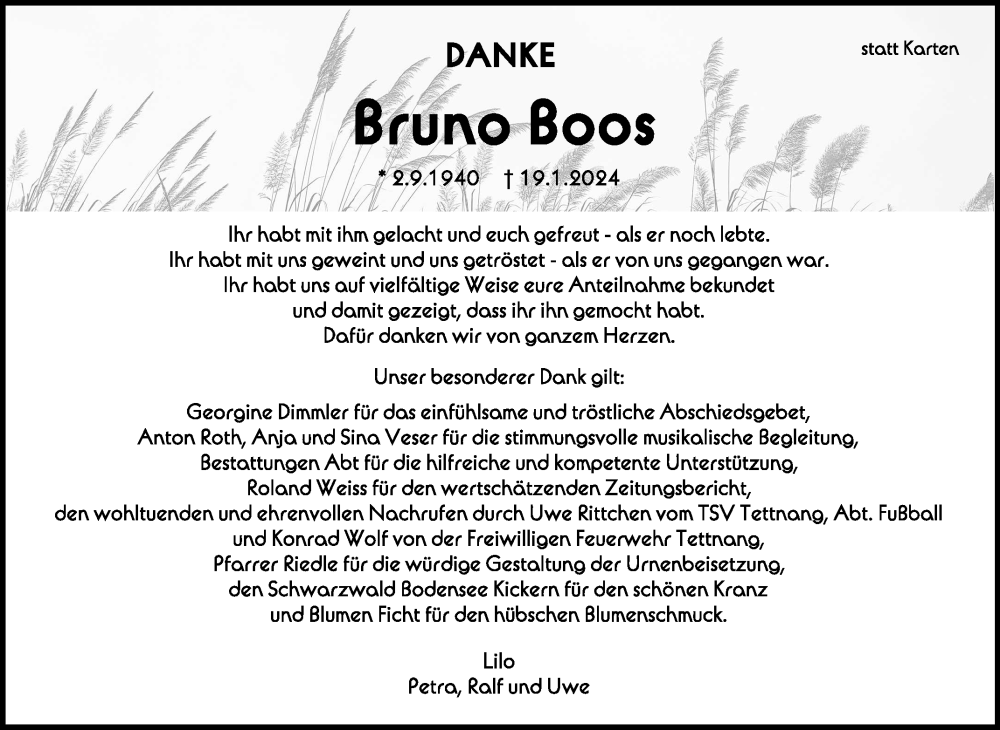  Traueranzeige für Bruno Boos vom 16.02.2024 aus Schwäbische Zeitung