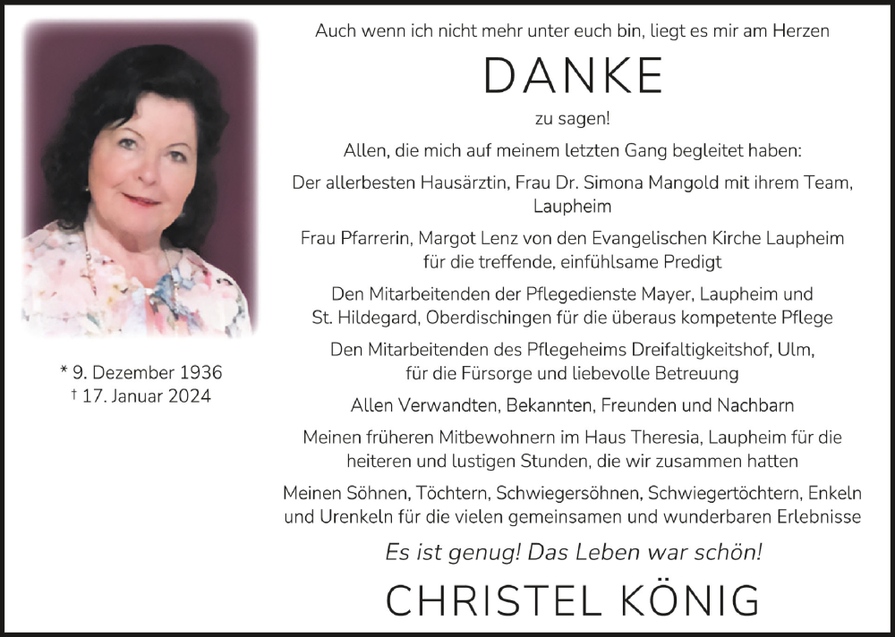  Traueranzeige für Christel König vom 17.02.2024 aus Schwäbische Zeitung