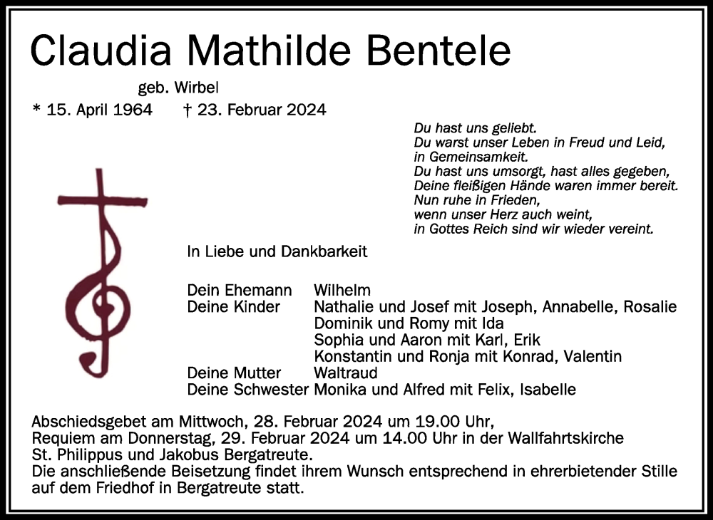  Traueranzeige für Claudia Mathilde Bentele vom 27.02.2024 aus Schwäbische Zeitung
