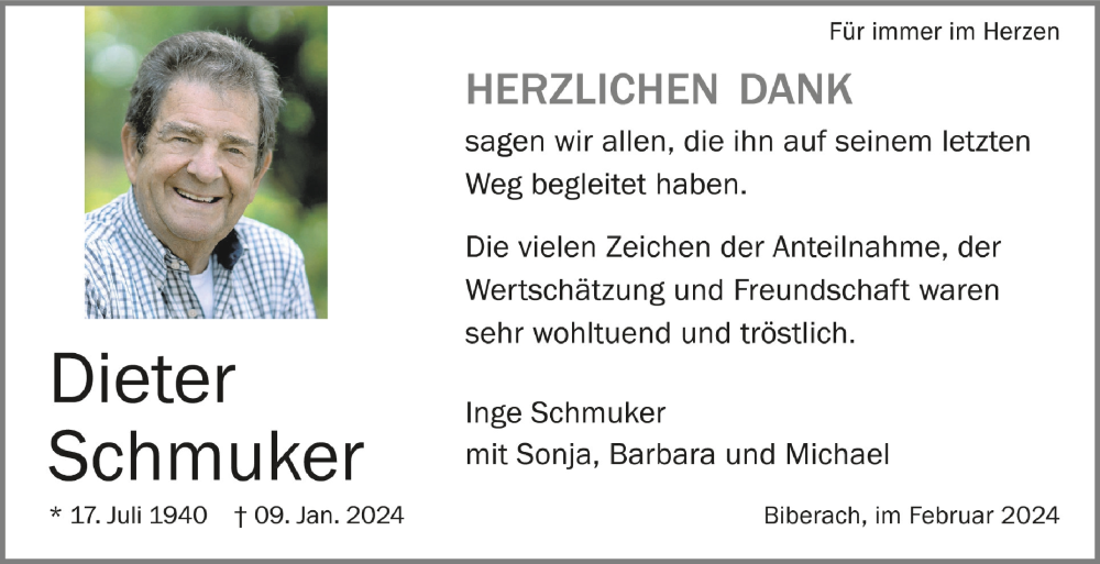  Traueranzeige für Dieter Schmuker vom 10.02.2024 aus Schwäbische Zeitung