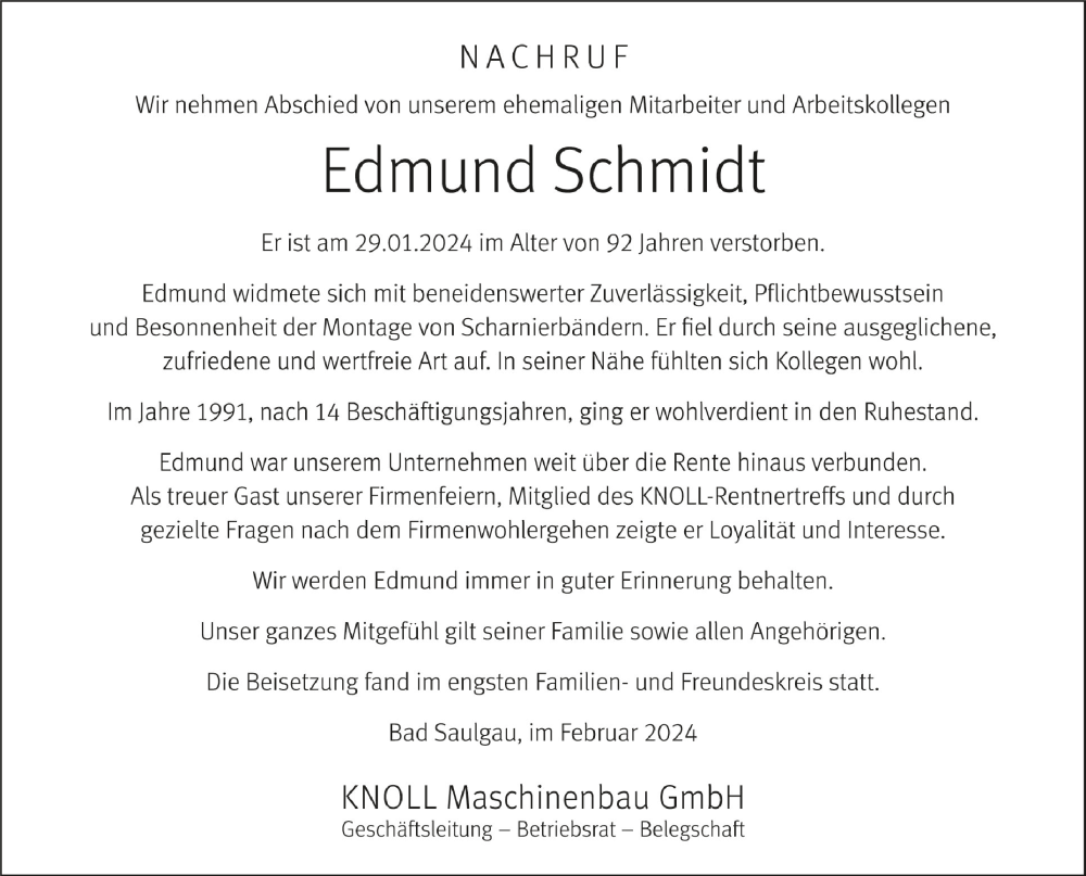  Traueranzeige für Edmund Schmidt vom 17.02.2024 aus Schwäbische Zeitung