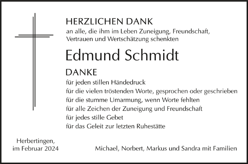  Traueranzeige für Edmund Schmidt vom 17.02.2024 aus Schwäbische Zeitung