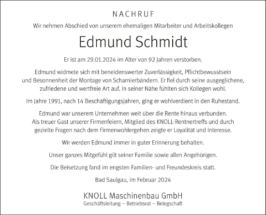 Anzeige von Edmund Schmidt von Schwäbische Zeitung