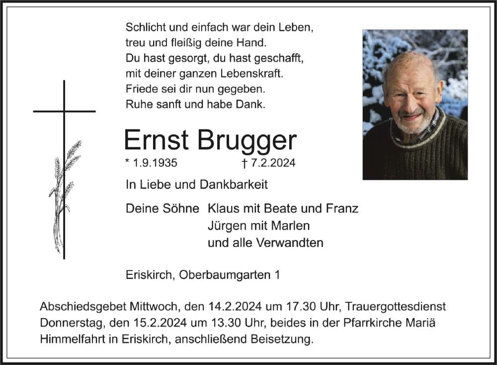  Traueranzeige für Ernst Brugger vom 10.02.2024 aus Schwäbische Zeitung