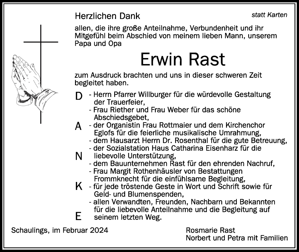  Traueranzeige für Erwin Rast vom 24.02.2024 aus Schwäbische Zeitung