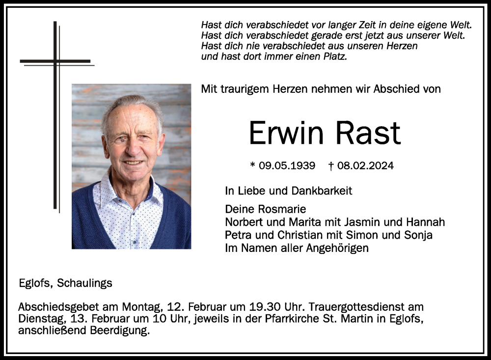  Traueranzeige für Erwin Rast vom 10.02.2024 aus Schwäbische Zeitung
