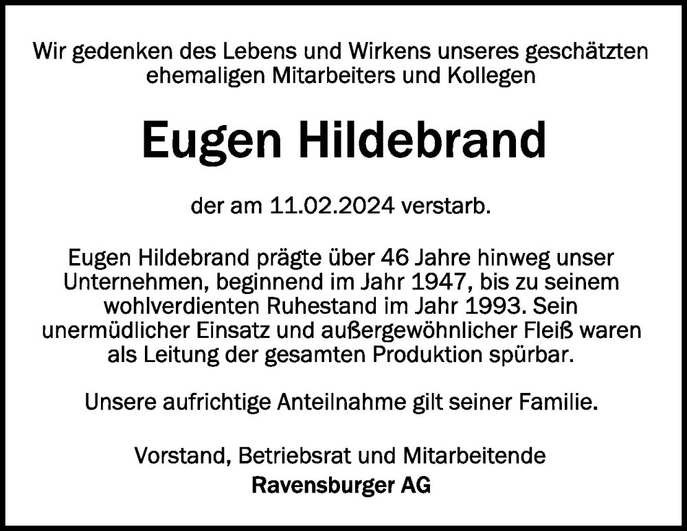 Traueranzeige für Eugen Hildebrand vom 24.02.2024 aus Schwäbische Zeitung