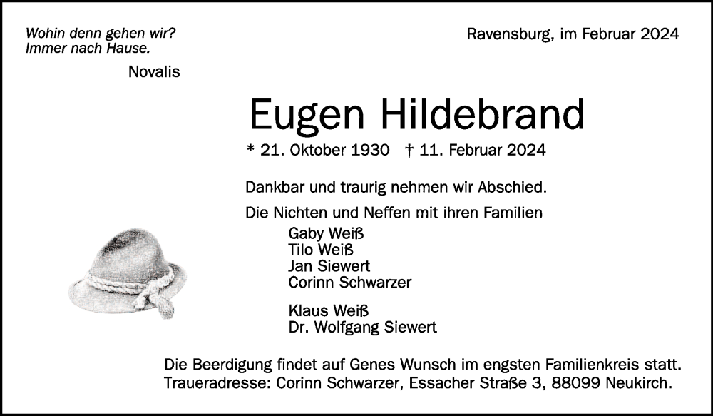  Traueranzeige für Eugen Hildebrand vom 16.02.2024 aus Schwäbische Zeitung