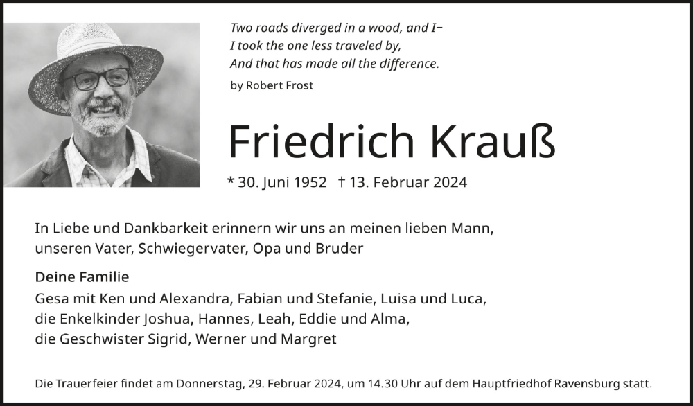 Traueranzeige für Friedrich Krauß vom 24.02.2024 aus Schwäbische Zeitung