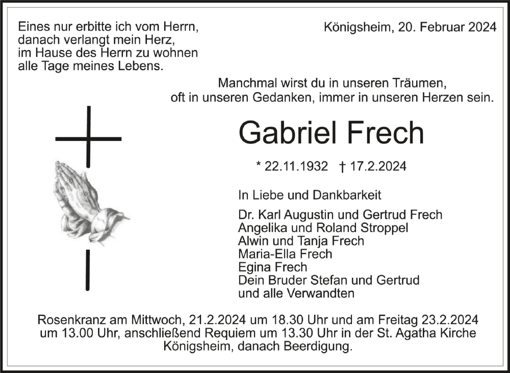  Traueranzeige für Gabriel Frech vom 20.02.2024 aus Schwäbische Zeitung