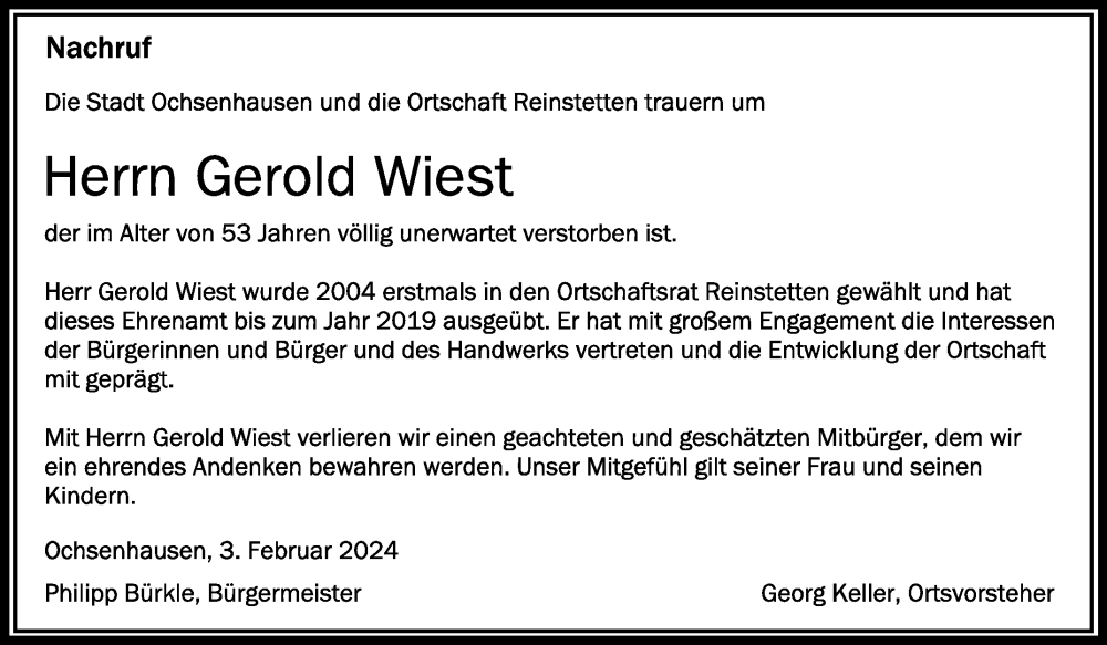  Traueranzeige für Gerold Wiest vom 03.02.2024 aus Schwäbische Zeitung