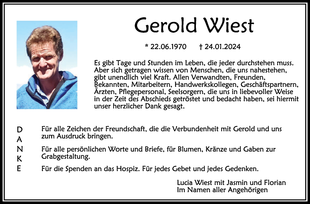  Traueranzeige für Gerold Wiest vom 24.02.2024 aus Schwäbische Zeitung