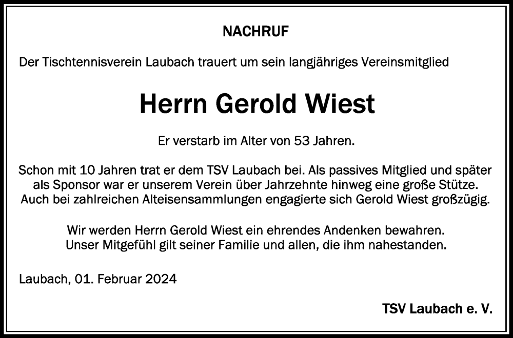  Traueranzeige für Gerold Wiest vom 01.02.2024 aus Schwäbische Zeitung