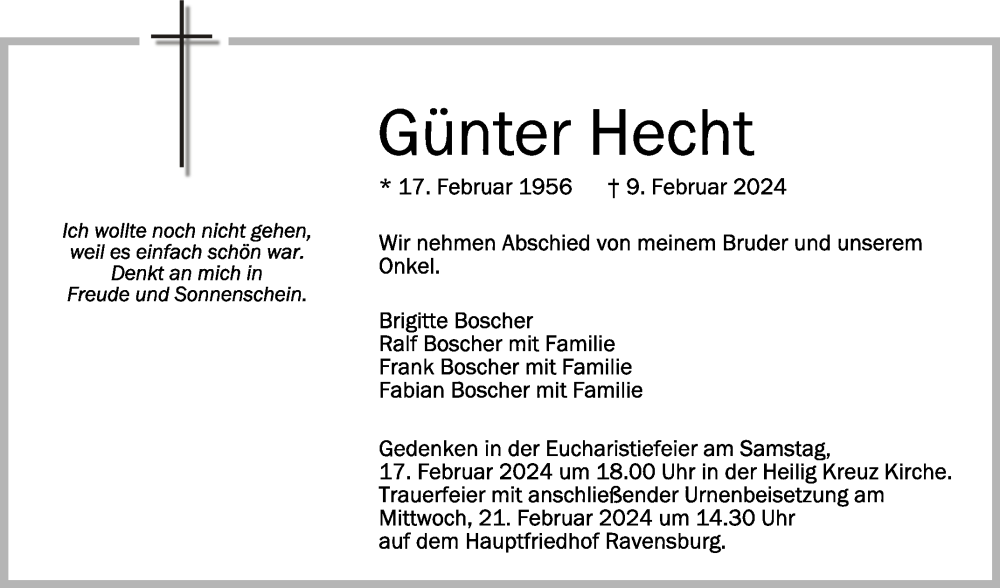  Traueranzeige für Günter Hecht vom 17.02.2024 aus Schwäbische Zeitung