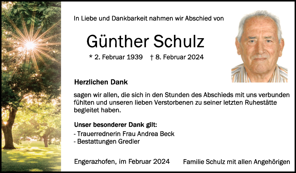  Traueranzeige für Günther Schulz vom 24.02.2024 aus Schwäbische Zeitung