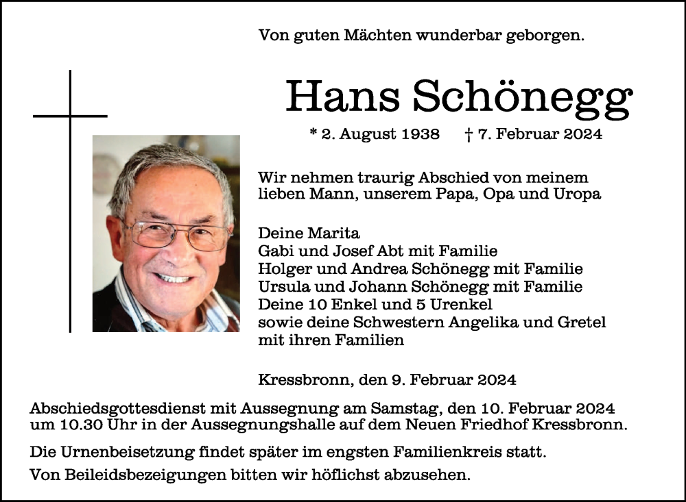  Traueranzeige für Hans Schönegg vom 09.02.2024 aus Schwäbische Zeitung
