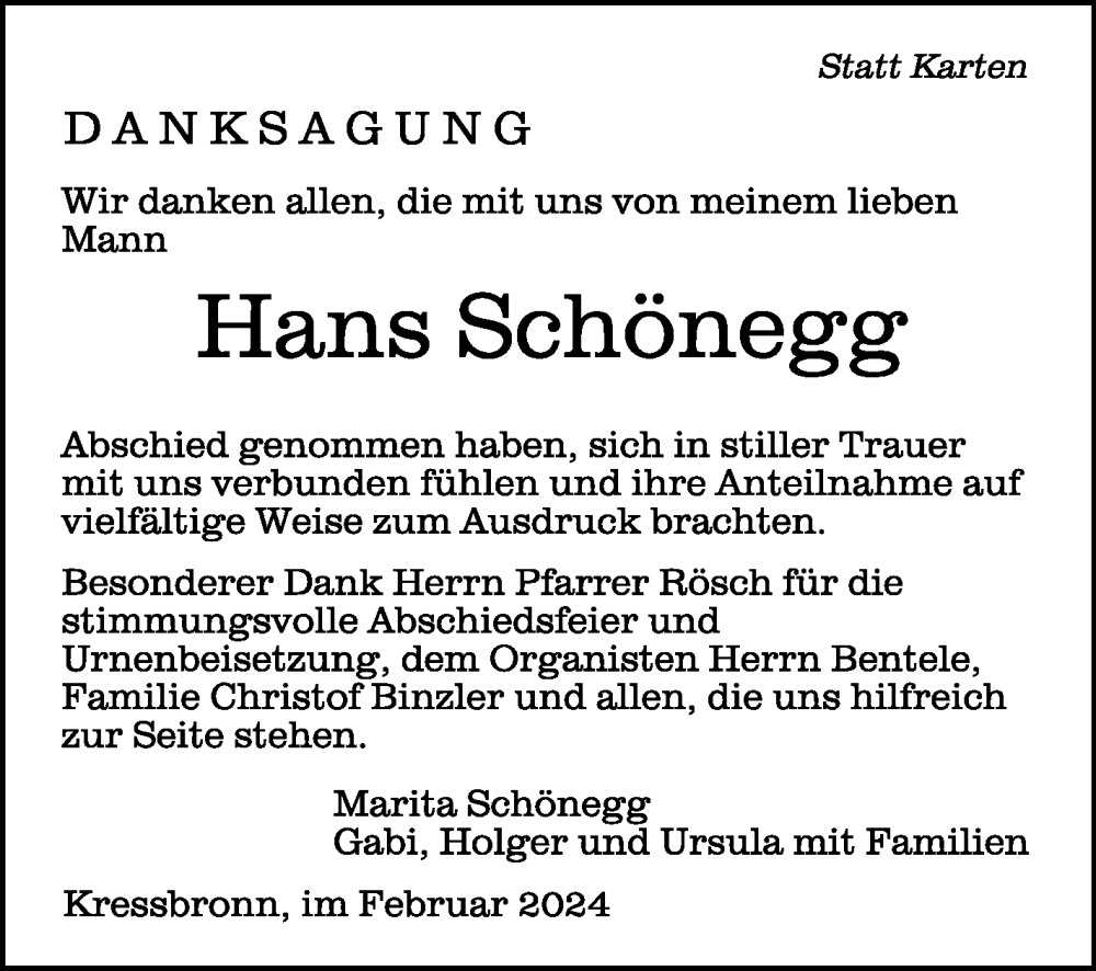  Traueranzeige für Hans Schönegg vom 24.02.2024 aus Schwäbische Zeitung