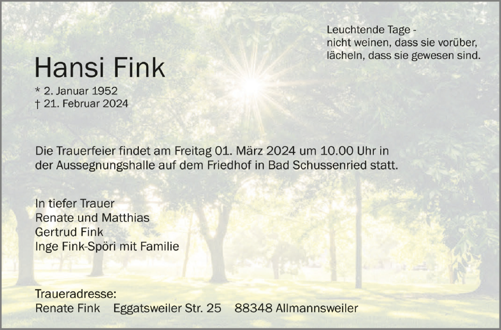  Traueranzeige für Hansi Fink vom 27.02.2024 aus Schwäbische Zeitung