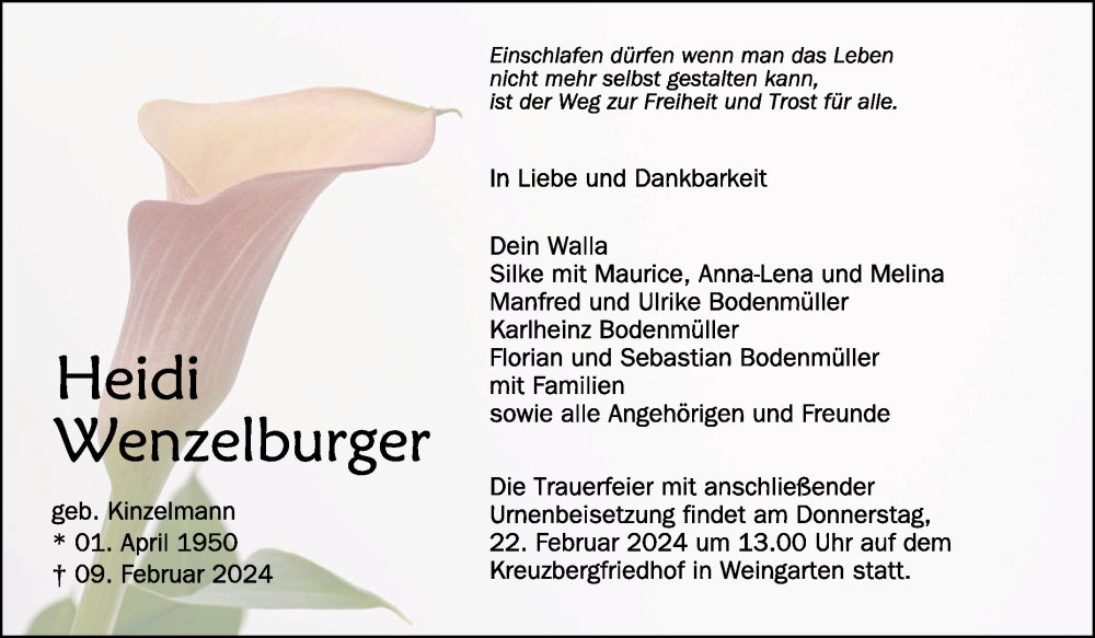  Traueranzeige für Heidi Wenzelburger vom 17.02.2024 aus Schwäbische Zeitung