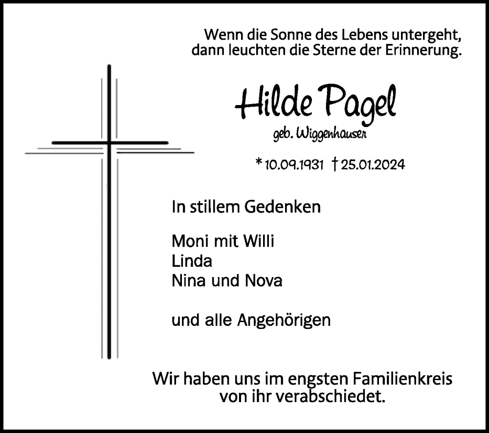  Traueranzeige für Hilde Pagel vom 19.02.2024 aus Schwäbische Zeitung